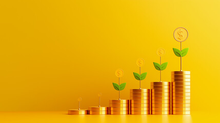 Poster - Stacks of gold coins rise progressively, each topped with green plant shoots, symbolizing financial growth and sustainability against a cheerful yellow backdrop