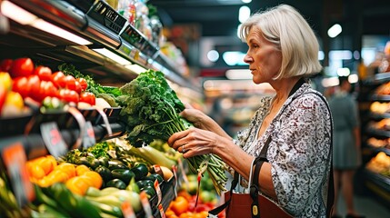 Mature senior beautiful woman choosing vegetables in supermarket