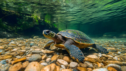 A serene underwater scene featuring a turtle gliding over pebbles, surrounded by clear water and lush aquatic vegetation.