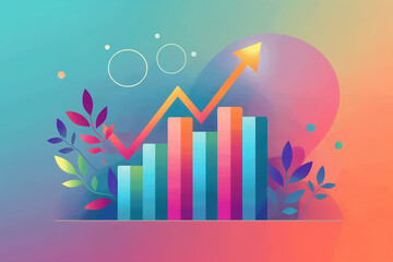 Poster - A vibrant bar graph with increasing height points sits against a soft gradient background, complemented by colorful leaves, symbolizing growth and positive trends in data analysis