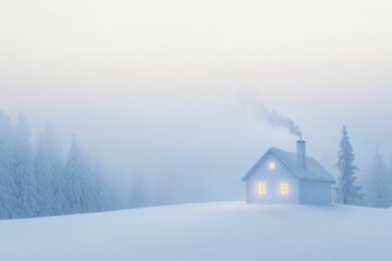 Canvas Print - Winter warmth surrounding a snug cabin tucked away in the snow, smoke rising from the chimney and festive lights shimmering.