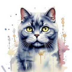  a plush grey British cat. a beautiful pet. watercolor illustration. artificial intelligence generator, AI, neural network image. background for the design.