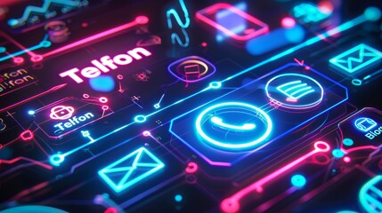 Canvas Print - A futuristic digital interface with neon-colored icons and glowing circuits, representing the advanced technology and communication in a cyber world.