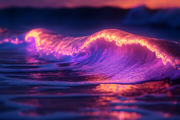 A vibrant wave illuminated in purple hues, capturing the beauty of the ocean at sunset.