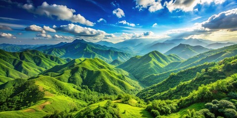 scenic view of lush green mountains under a bright blue sky, nature, landscape, outdoors, travel, sc