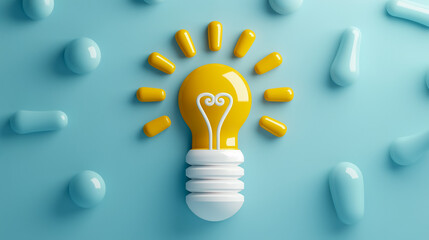 Poster - a vibrant yellow light bulb is set against a soft pastel blue background, surrounded by playful abst