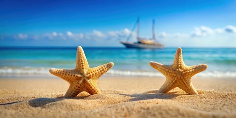 Two starfish lying on sandy beach with blue sea in background, a boat visible in the distance, starfish, beach, blue sea, boat