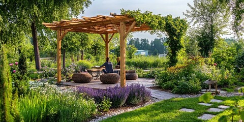 Garden patio with wooden pergola, two people sitting.