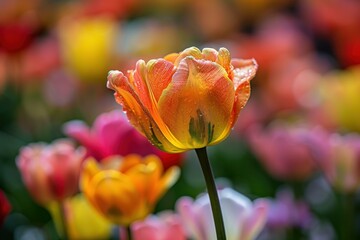 Wall Mural - Orange tulip with water drops is standing out in a field of blurred colorful tulips