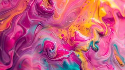 Poster - This image showcases a captivating blend of pink, yellow, and purple hues swirling together in a dynamic and mesmerizing manner, forming an abstract and vibrant visual display.