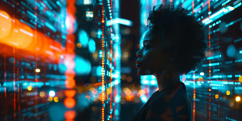 Silhouette of a Woman in a Futuristic Cityscape at Night with Neon Lights and Digital Reflections