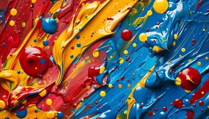 Wall Mural - A vibrant abstract painting featuring bold strokes and vivid colors such as red, yellow, and blue splashed dynamically across the canvas.