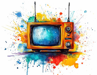Poster - A vibrant retro television illustration with a colorful splash background, perfect for modern artistic designs.