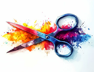 Colorful scissors on a vibrant splash of paint, symbolizing creativity and artistic expression in arts and crafts.