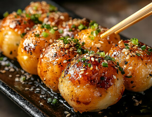 Delicious grilled rice balls garnished with sesame and green onion on a black plate, perfect for food lovers.