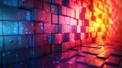 Poster - A visually appealing scene of vibrant, illuminated cubes covered in water droplets, showcasing a blend of colors and textures.