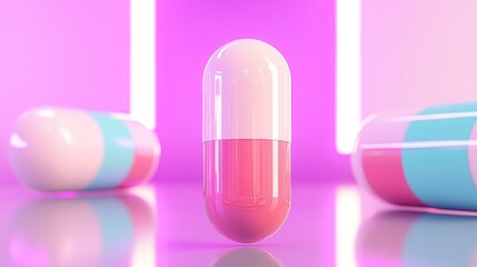 Wall Mural - Pink and White Pill on a Pink Background.