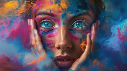 Wall Mural - A striking portrait featuring a woman with vivid paint covering her face, illustrating a fusion of colors and emotions.