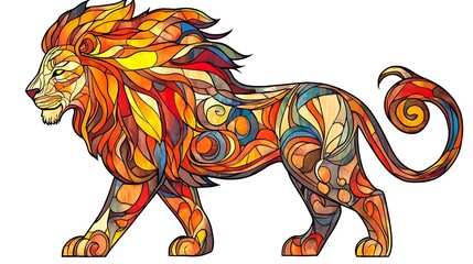 Majestic Lion Stained Glass Window Design in Watercolor Style on White Background