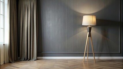 Dark grey modern classic interior wall mockup with floor lamp, beige curtain, , modern, classic, interior, wall, mockup, floor lamp