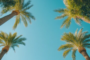 Wall Mural - A serene view of tall palm trees against a clear blue sky. The vibrant green leaves create a tropical vibe. Perfect for summer themes and relaxation. Generative AI