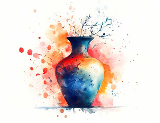 Poster - A vibrant watercolor vase filled with delicate branches, showcasing a splash of colors and artistic flair.