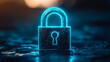© Kakabe - A glowing turquoise padlock on a dark surface, symbolizing data security and cyber protection ideal for use in cybersecurity themes and online privacy,