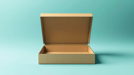 An open cardboard box against a turquoise background, ideal for showcasing packaging, shipping services, or e-commerce solutions, The image emphasizes space and minimalism,