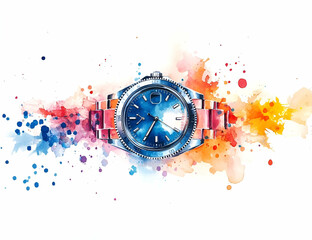 vibrant watercolor painting of a stylish watch, showcasing elegance and craftsmanship with artistic 