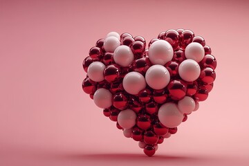 A heart shaped arrangement of red and white spheres on a pink background.