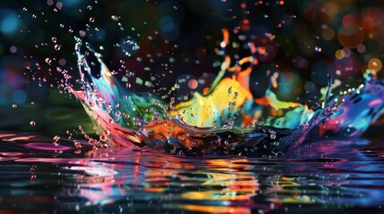 Wall Mural - This image captures a splash of various colorful liquids at the moment of impact, displaying a vivid and dynamic scene with a mix of hues.