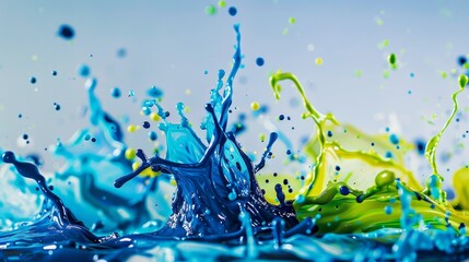 Sticker - This image shows a chaotic yet artistic scene featuring splashes of blue, green, and yellow, creating a visually engaging abstract composition.