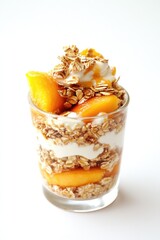 Peach Parfait. Crunchy Cereal Breakfast with Oatmeal and Fruits in Jar on White Background