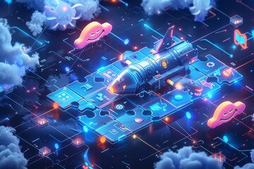 Poster - A surreal illustration featuring a futuristic spaceship on a puzzle piece platform, surrounded by clouds and neon symbols, blending technology and imagination.