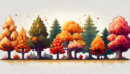 Wall Mural - Pixel Art Autumn Trees - 16-bit pixel art asset collection with a focus on autumn trees. Isolated on white background. Game Design assets collection. Graphics art 8 bit illustration landscape