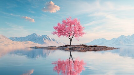 Wall Mural - Pink Tree in a Mountain Lake.