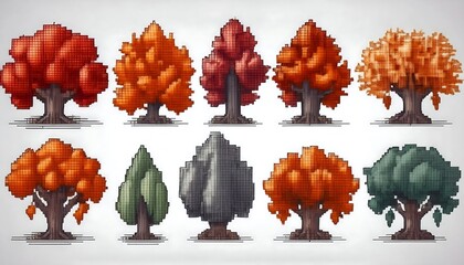 Wall Mural - Vibrant Autumn Pixelated Tree Set - 16-bit pixel art collection of autumn trees. Game Design assets collection. Graphics art 8 bit illustration icons