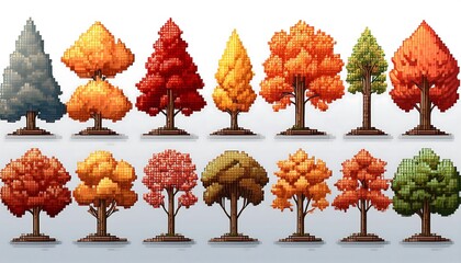 Wall Mural - Centered Fall Pixelated Foliage - 16-bit pixel art collection of autumn trees. Game Design assets big collection. Isolated on white background. Graphics art 8 bit illustration