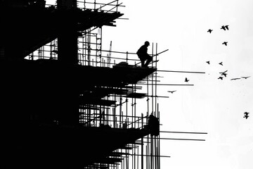 Poster - Construction worker is standing high up on scaffolding on a building site with a flock of birds flying nearby