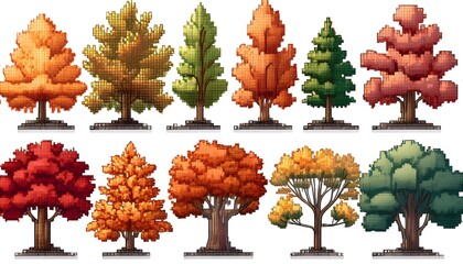 Wall Mural - Centered Fall Pixelated Foliage - 16-bit pixel art collection of autumn trees. Game Design assets collection. Isolated on white background. Season Graphics art 8 bit illustration