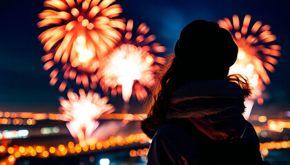 Wall Mural - Rear back view silhouette of young woman looking at fireworks exploding in the sky over the cityscape at night. Happy new year eve, holiday party celebration, girl