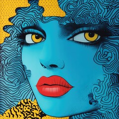 Wall Mural - Vibrant pop art cartoon scene featuring bold blue visuals and exaggerated graphics.