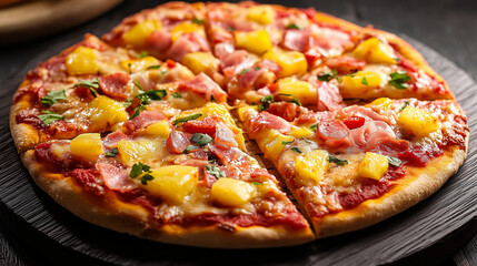 pizza with pineapple and ham, on the black wooden table A delicious dish of Hawaiian style pizza is ready to be served for dinner or lunch at home or in a restaurant