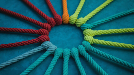 Team rope diverse strength connect partnership together teamwork unity communicate support. Strong diverse network rope team concept integrate braid colour background cooperation empower power.