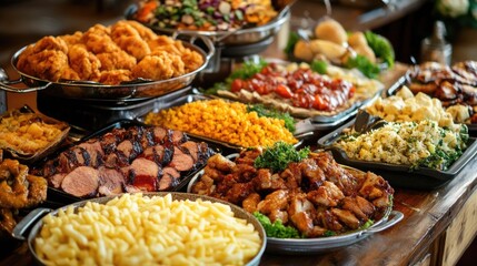 southern buffet. country southern dishes on table, full spread dinner buffet