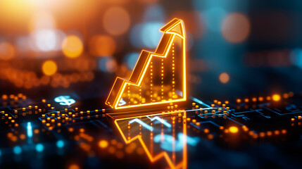 Poster - A glowing upward arrow symbolizes stock market growth, displayed on a dark circuit board, highlighted by warm ambient lighting reflecting a positive financial trend