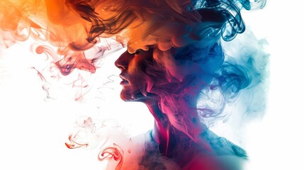 Canvas Print - An artistic silhouette of a person surrounded by swirling, vibrant colorful smoke, representing imagination, creativity, and abstract thought with a visual impact.