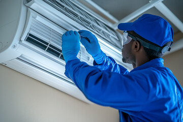 technician cleaning an air conditioner, with a white wall background