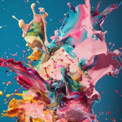 Poster - A vibrant splash of paint against a blue backdrop, exuding energy and excitement with its bold colors and dynamic composition, ideal for modern art lovers.