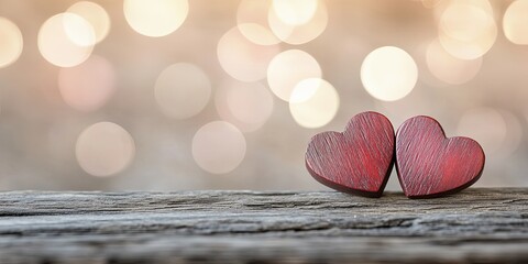 Two red wooden hearts on a rustic wooden surface with a bokeh background.